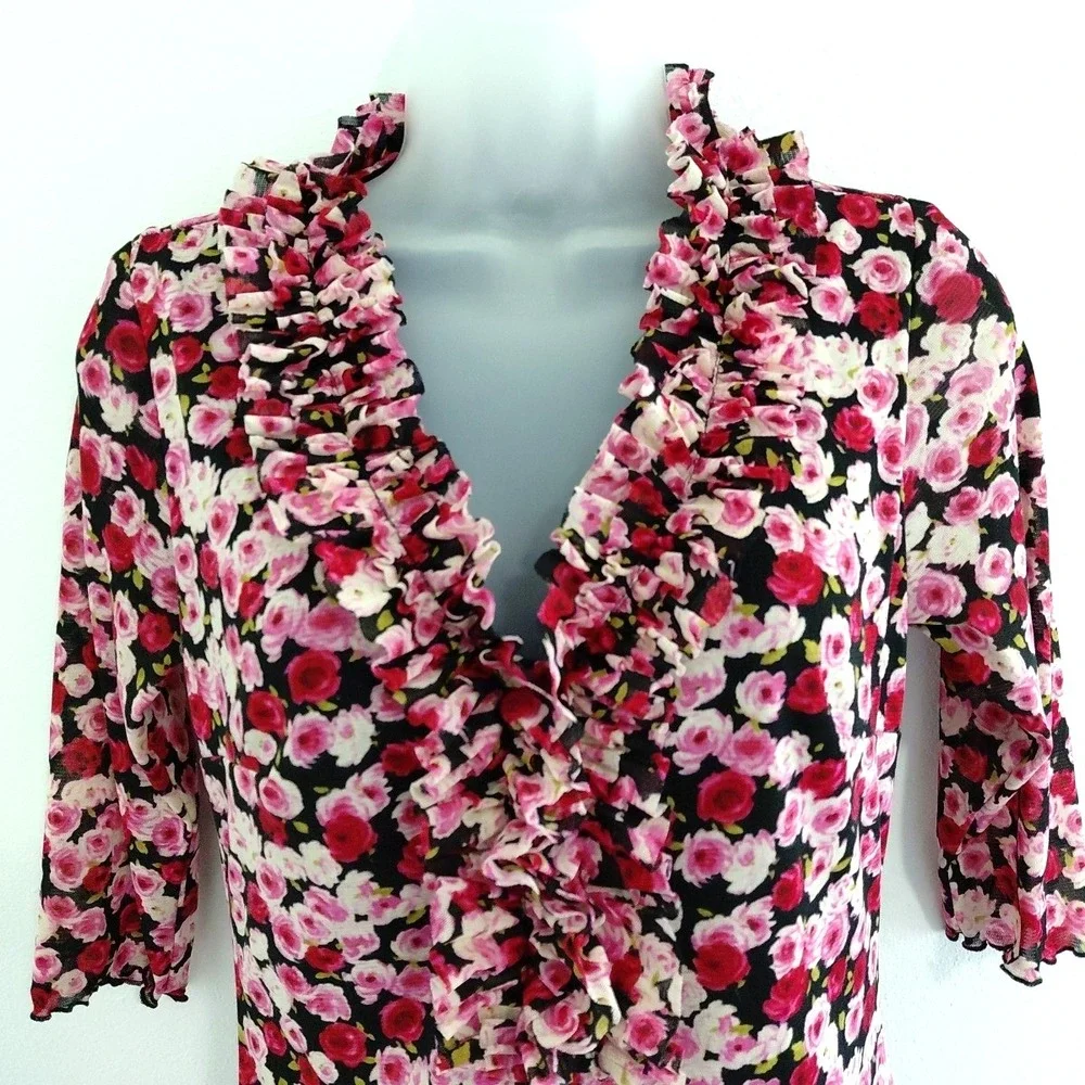 VTG Y2K 90s Zinc Mesh Dress XS/S Pink Red Floral Fairy Romantic Stretch Ruffle‎ - Picture 4 of 13